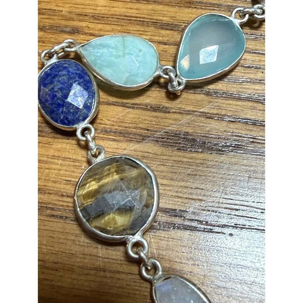 Sterling Silver multi Genuine Stones Faceted Necklace 925 Lapis Smoky Quartz 14
